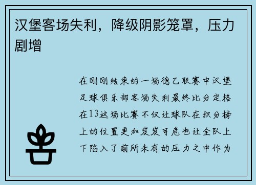 汉堡客场失利，降级阴影笼罩，压力剧增